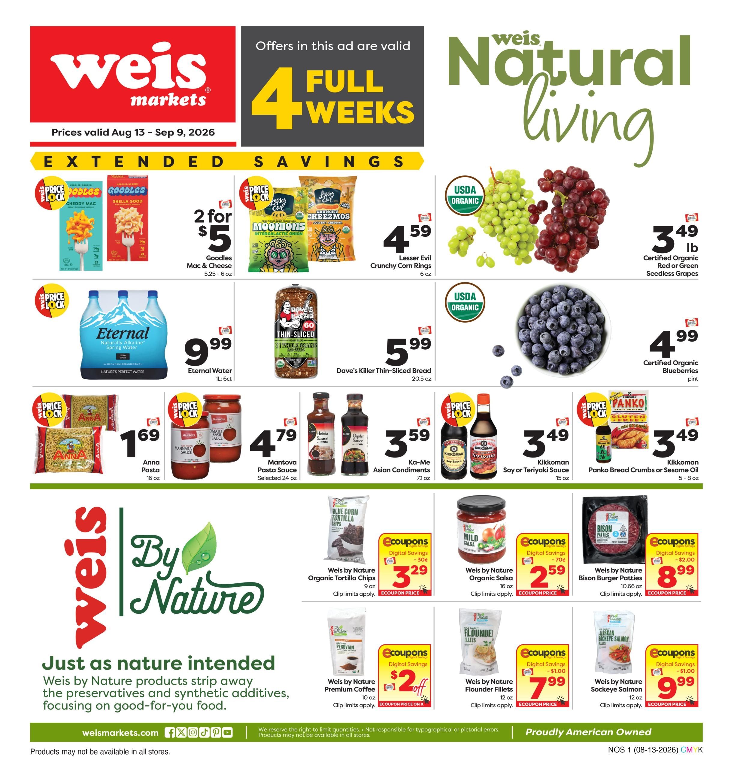 Weis Markets Natural & Organic Weekly Ad August 13 - September 9, 2026