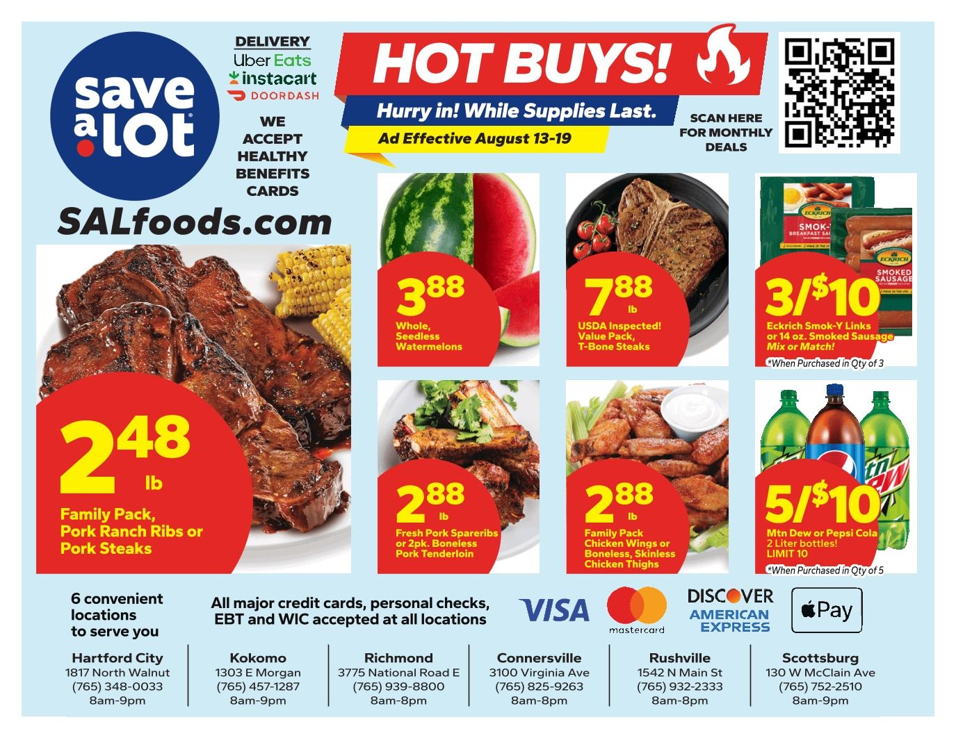 Save a Lot Food Stores (Connersville, Rushville and Scottsburg, IN) Weekly Ad August 13 - 19, 2026