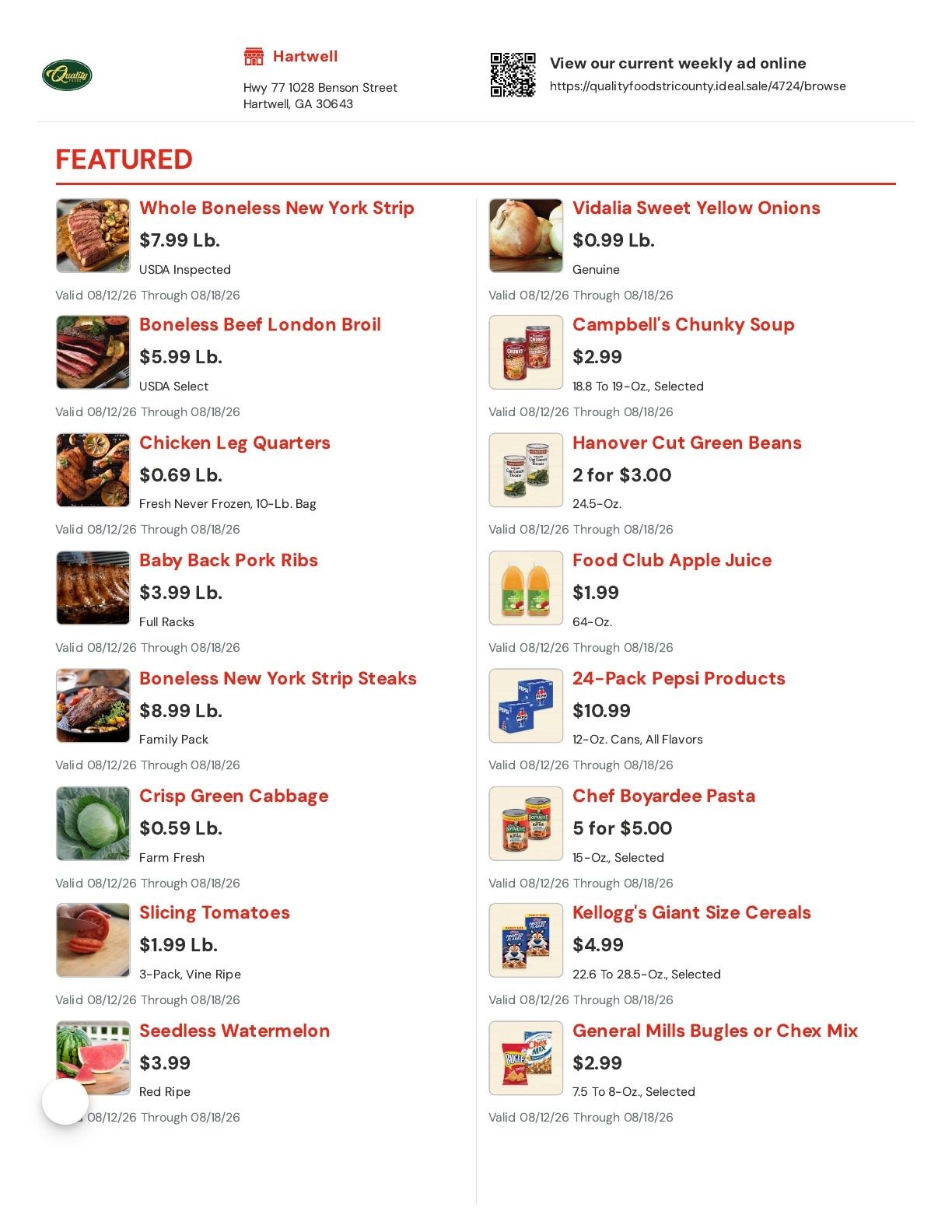 Quality Foods Tri County (Hartwell, GA) Weekly Ad August 12 - 18, 2026