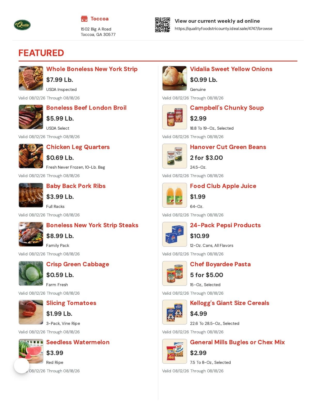 Quality Foods Tri County (Toccoa, GA) Weekly Ad August 12 - 18, 2026