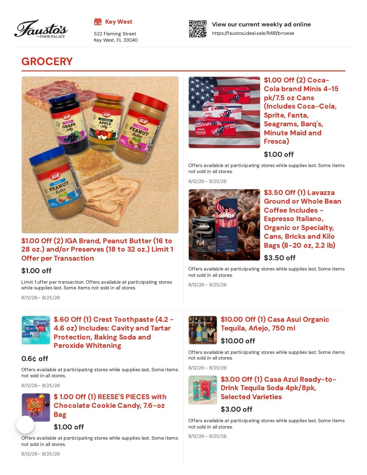 Fausto's Food Palace (522 Fleming Street, Key West, FL) Weekly Ad August 12 - 25, 2026