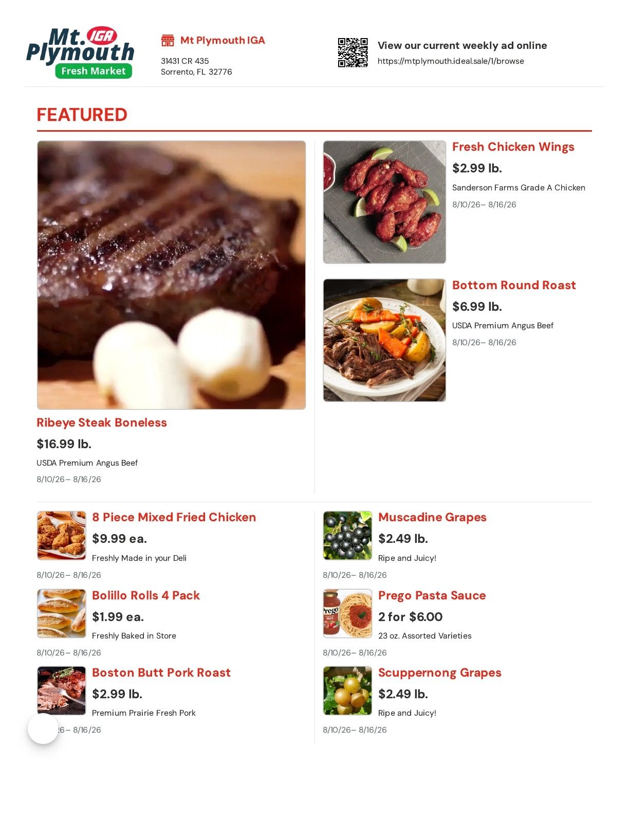 Mt. Plymouth IGA Weekly Ad August 10 - 16, 2026