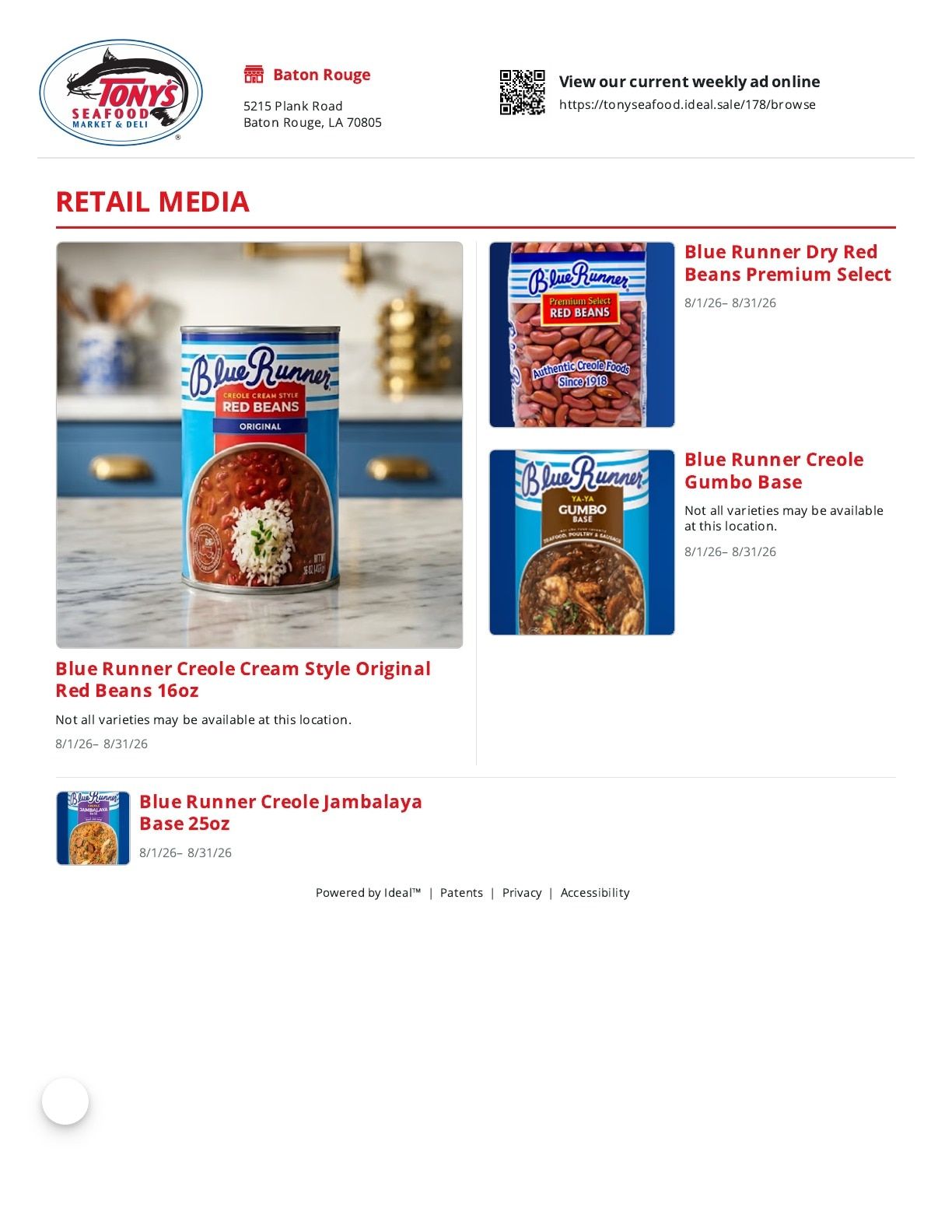 Tony's Seafood Baton Rouge Weekly Ad August 1 - 31, 2026