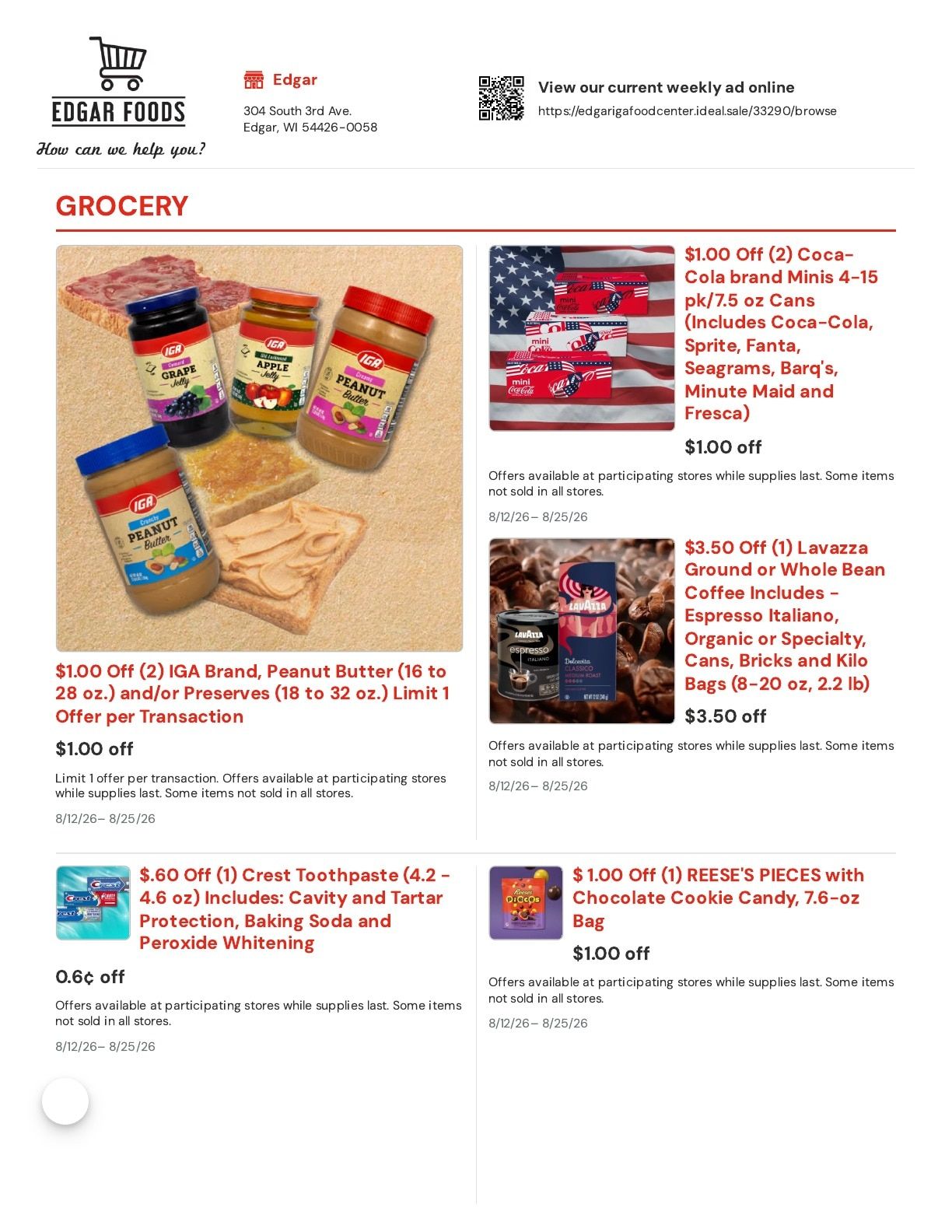 Edgar IGA Food Center Weekly Ad August 12 - 25, 2026