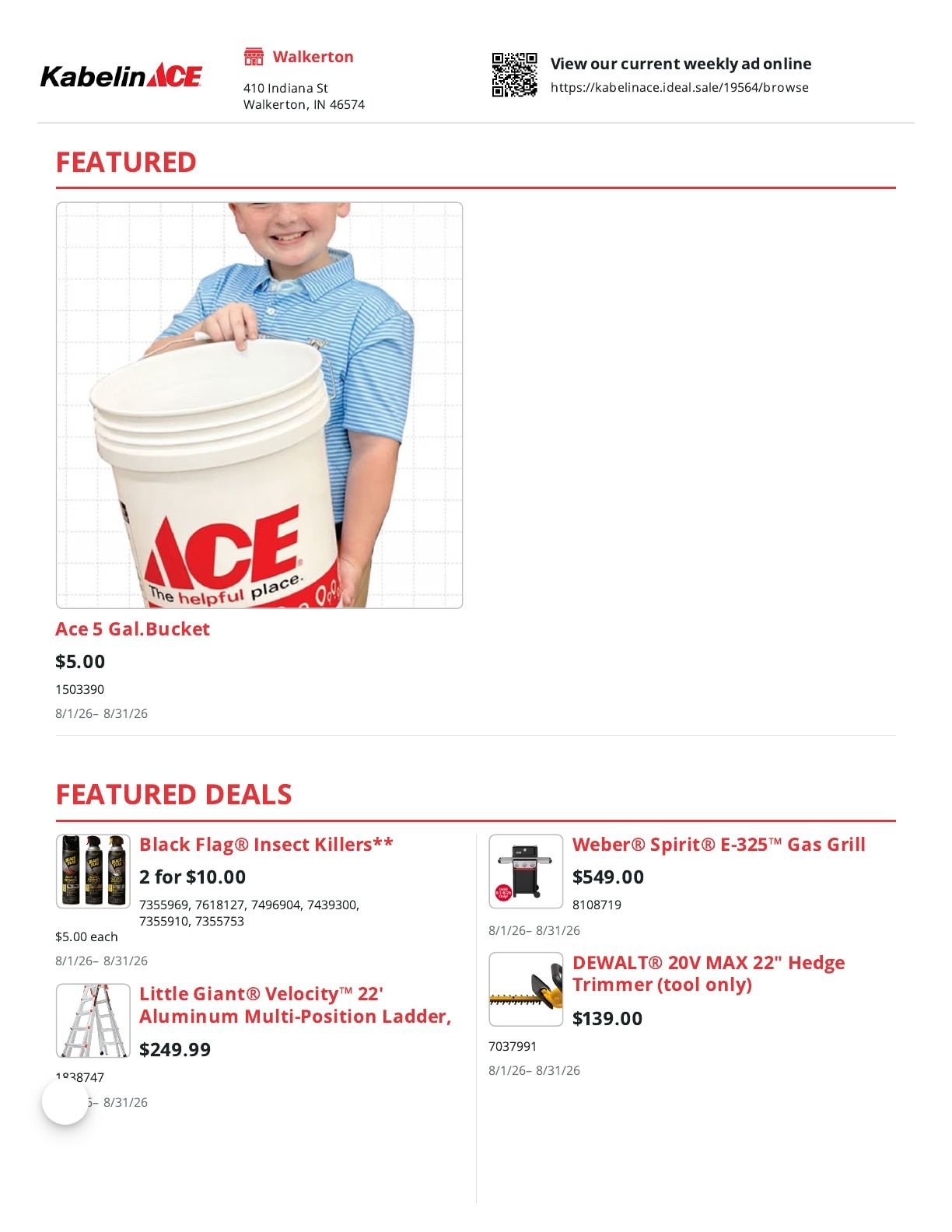 Kabelin Ace (Walkerton, IN) Weekly Ad August 1 - 31, 2026