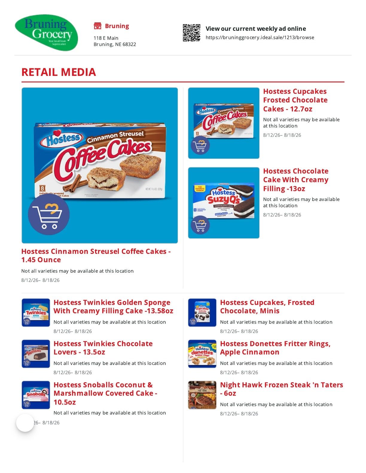 Bruning Grocery Weekly Ad August 12 - 18, 2026
