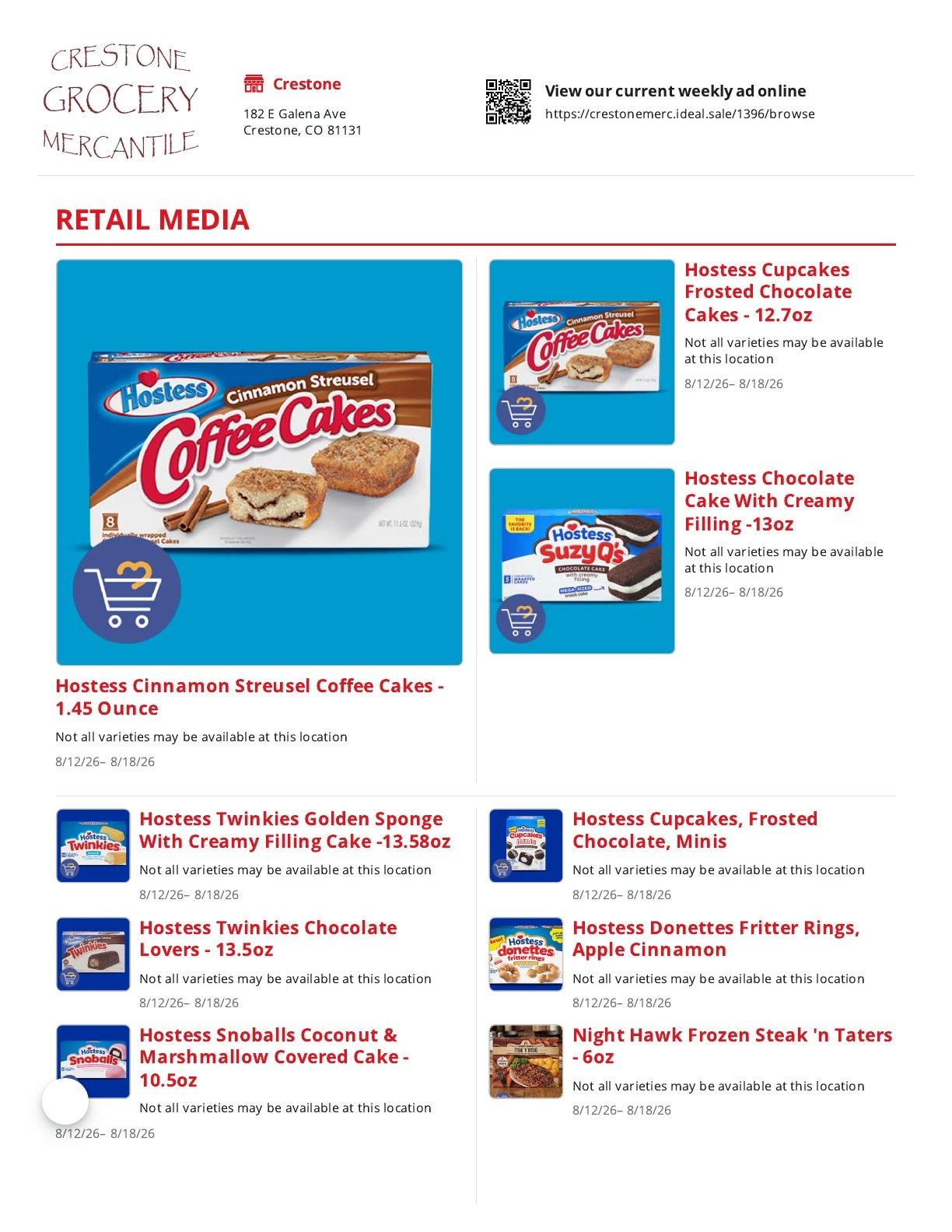 Crestone Mercantile Weekly Ad August 12 - 18, 2026