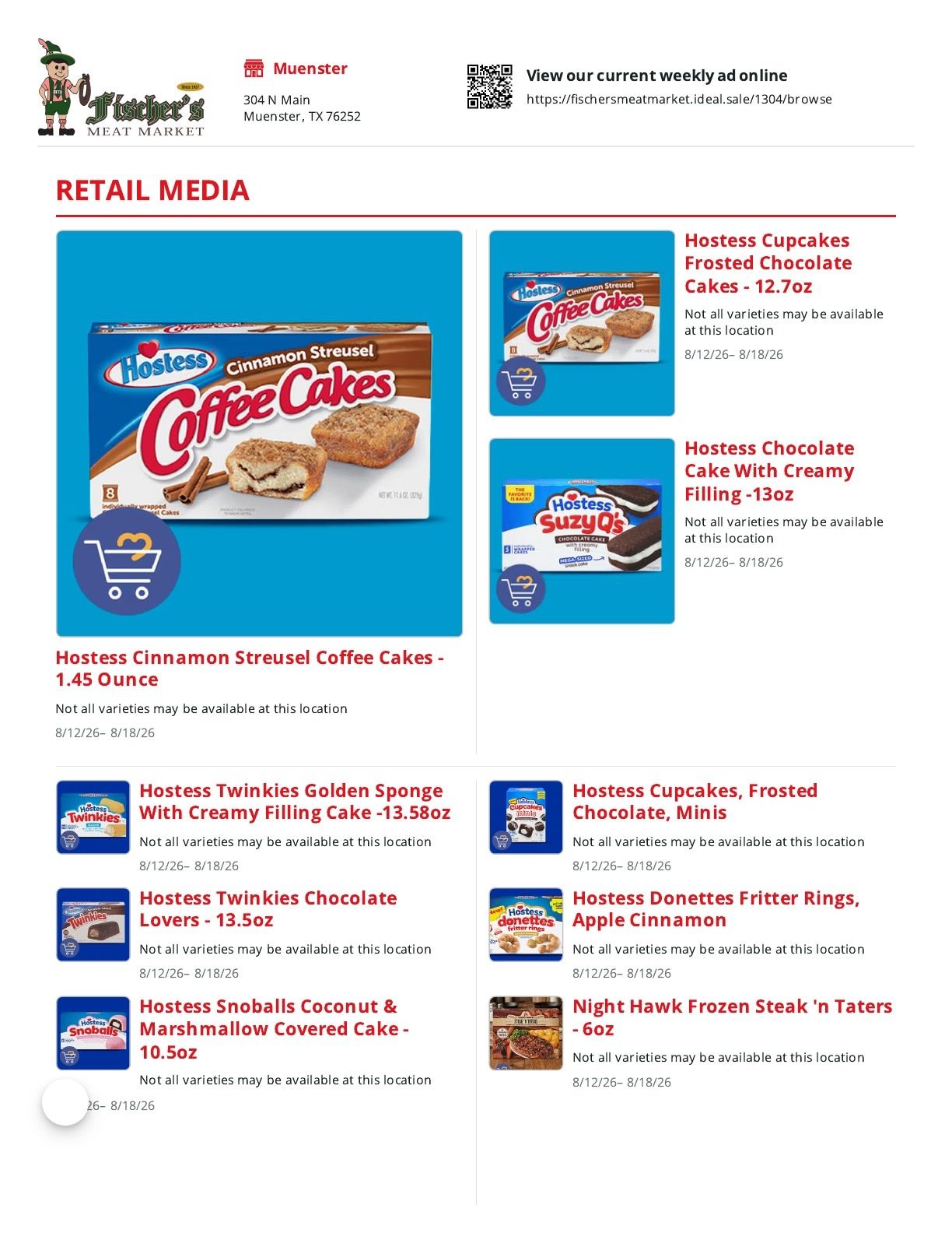 Fischer's Meat Market Weekly Ad August 12 - 18, 2026