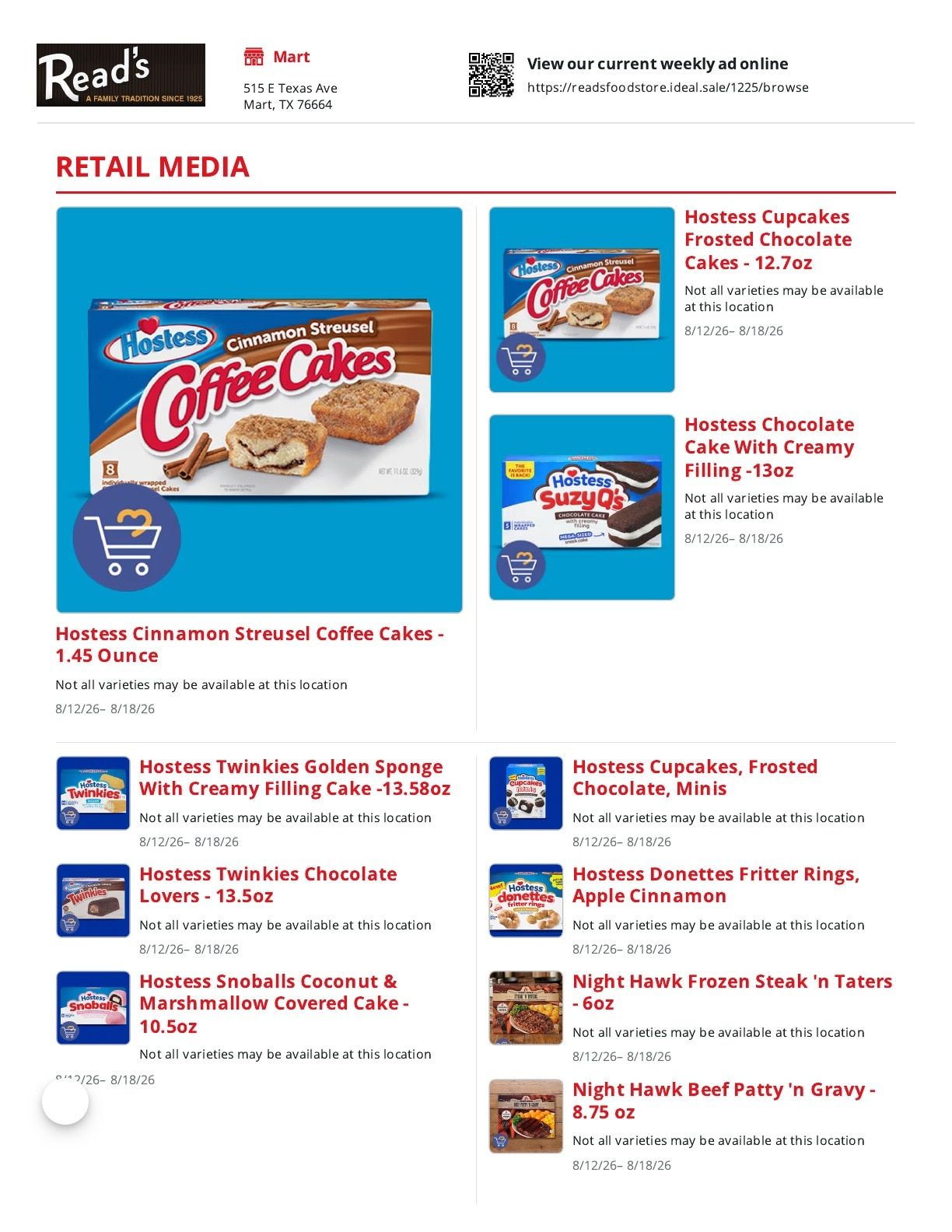 Read's Food Store Weekly Ad August 12 - 18, 2026