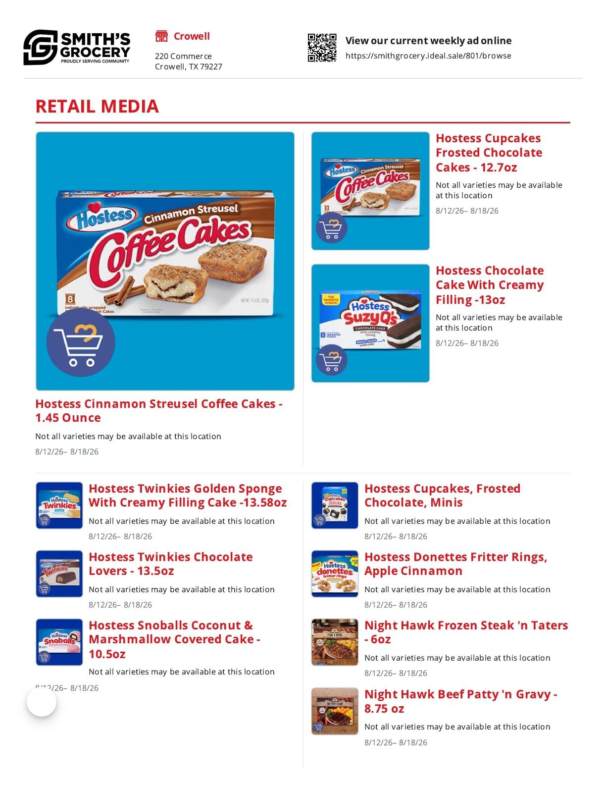 Smith's Grocery (220 Commerce, Crowell, TX) Weekly Ad August 12 - 18, 2026