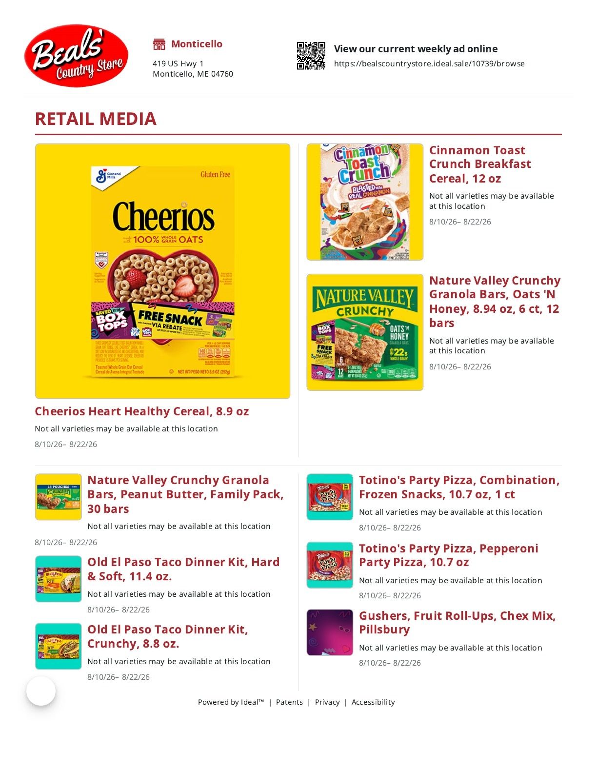 Beals Country Store Weekly Ad August 10 - 22, 2026