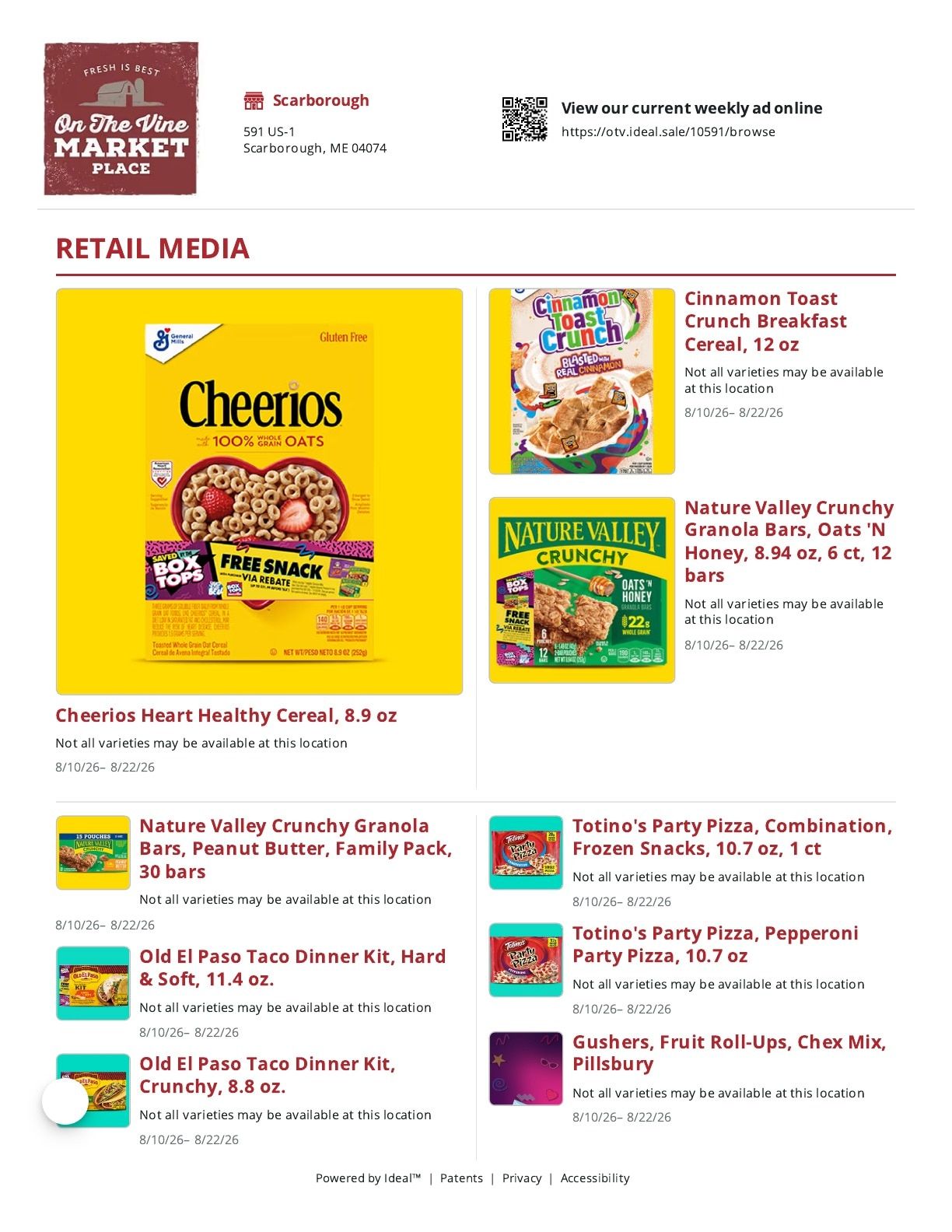 On The Vine Marketplace (591 US-1, Scarborough, ME) Weekly Ad August 10 - 22, 2026