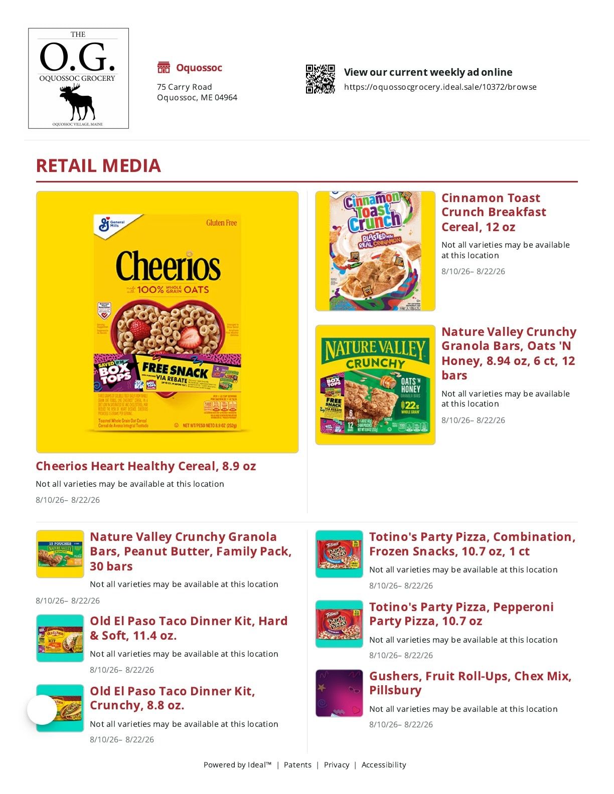 Oquossoc Grocery Weekly Ad August 10 - 22, 2026