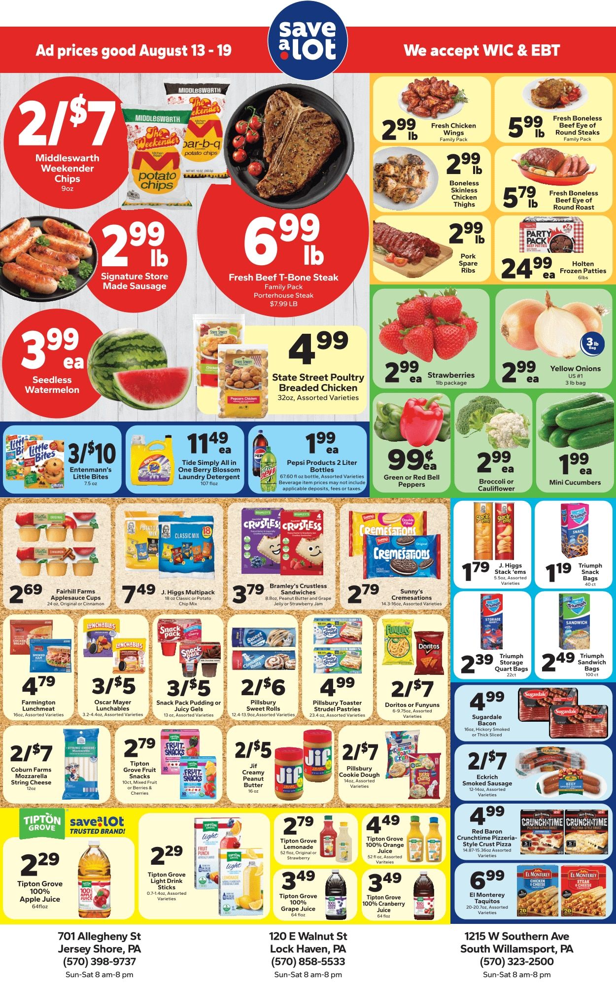 Save a Lot Food Stores (Jersey Shore, Lock Haven and South Williamsport, PA) Weekly Ad August 13 - 19, 2026