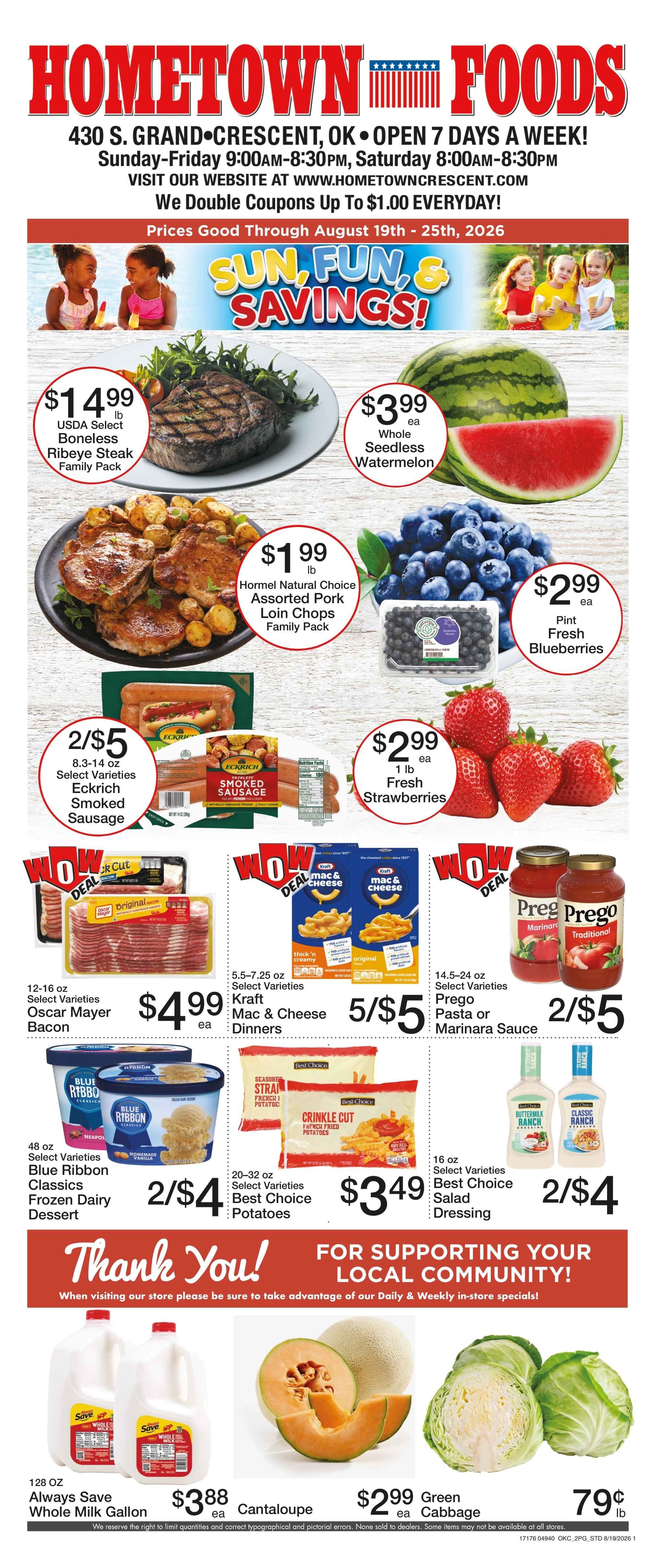 Hometown Foods Crescent Sunny Savings! Weekly Ad August 19 - 25, 2026