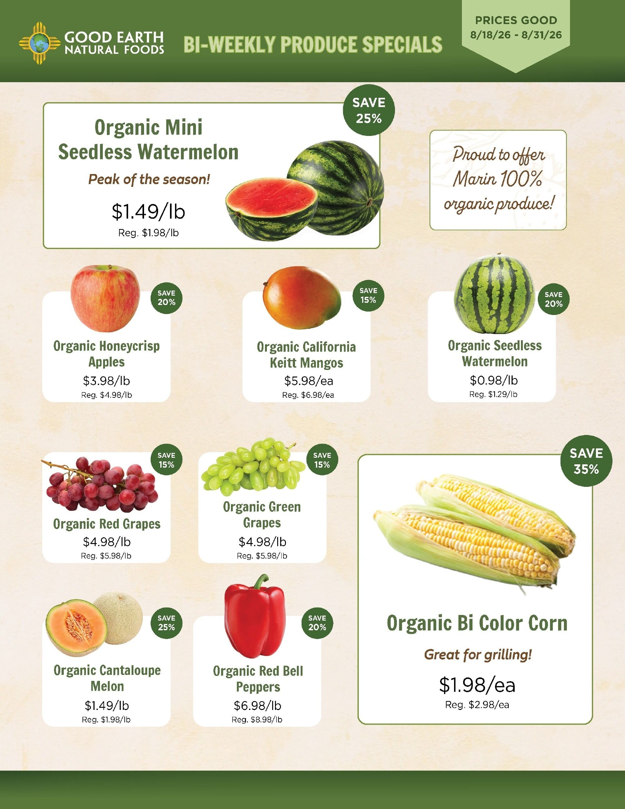 Good Earth Natural Foods Produce Specials Weekly Ad August 18 - 31, 2026