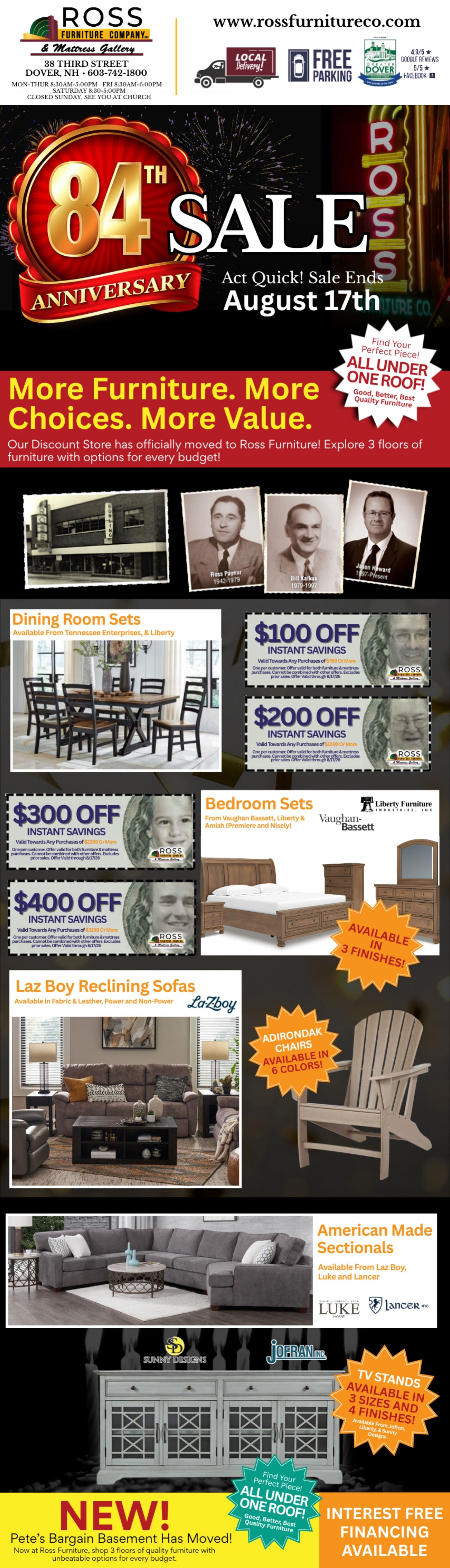 Ross Furniture Company 84th Anniversary Sale Weekly Ad August 4 - November 1, 2026