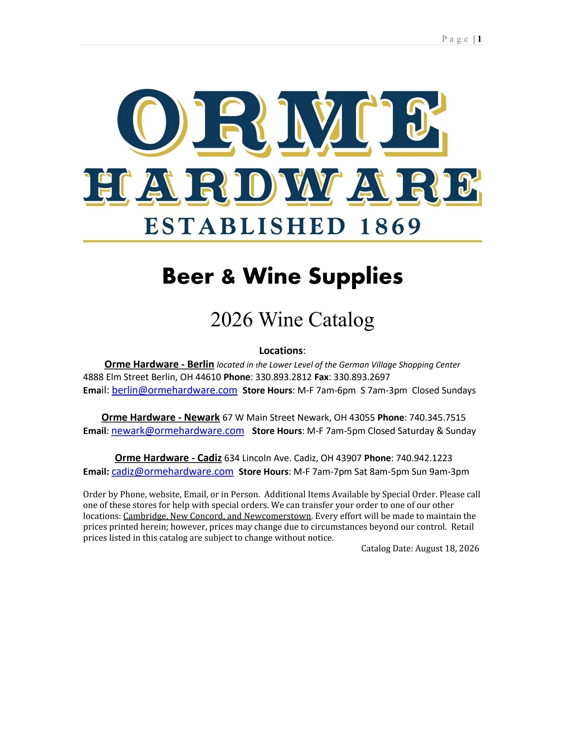 Orme Hardware Wine Catalog Weekly Ad August 18 - December 31, 2026