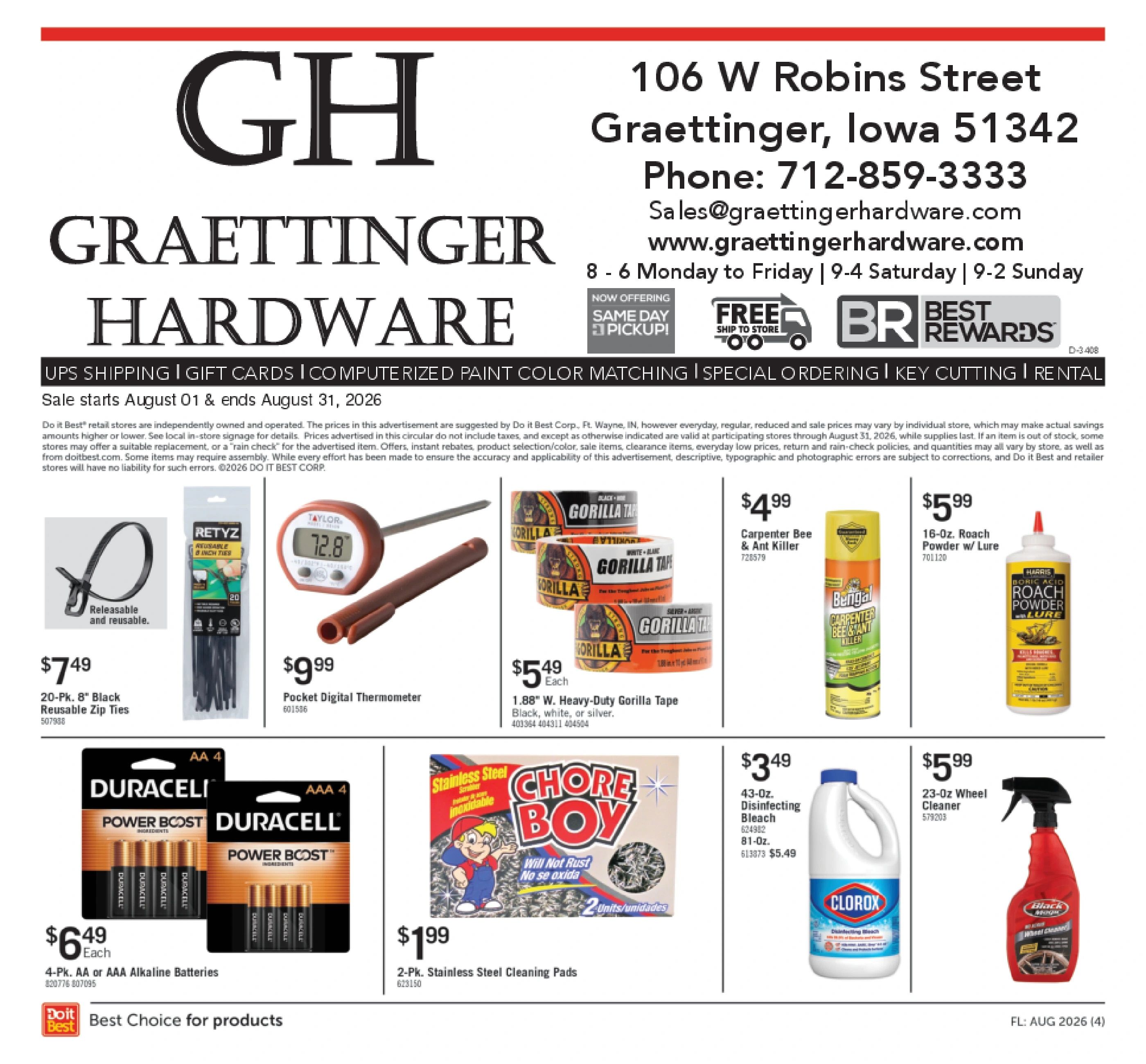 Graettinger Hardware Monthly Sale Weekly Ad August 1 - 31, 2026