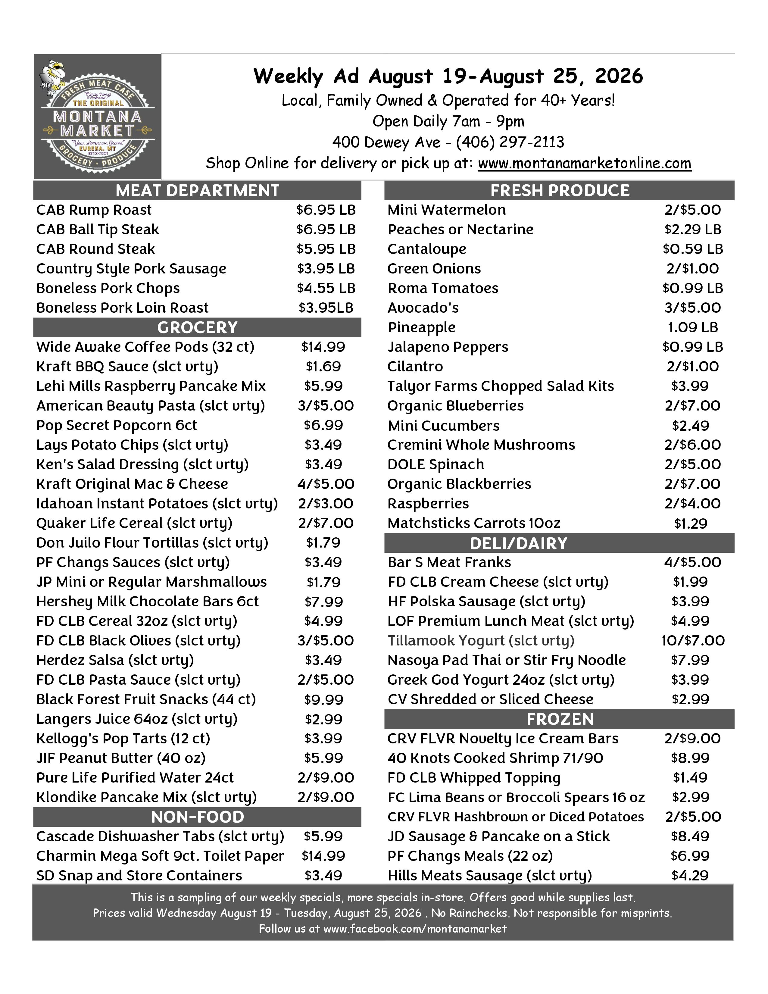 Montana Market (400 Dewey Avenue, Eureka, MT) Weekly Ad August 19 - 25, 2026
