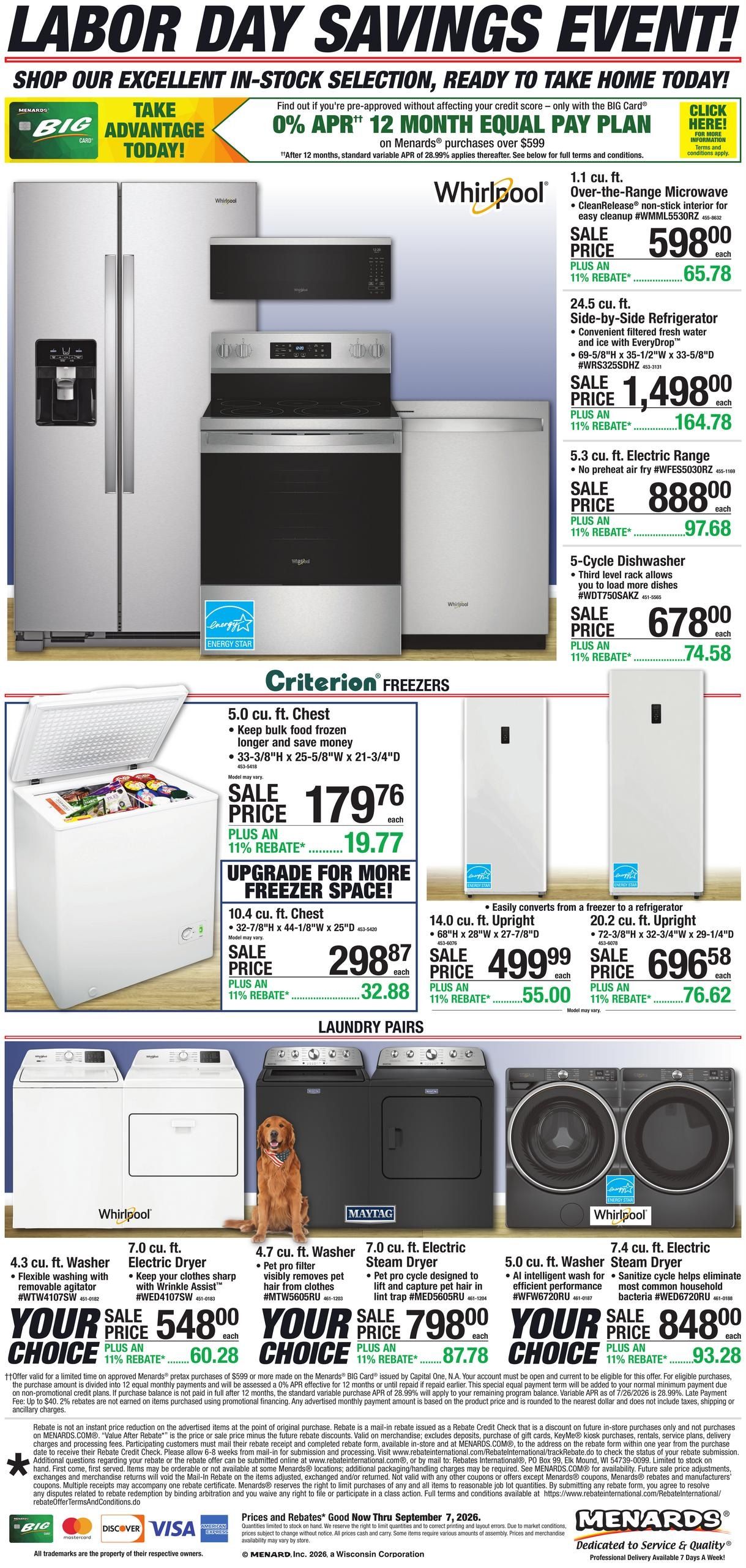 Menards Appliance Event Weekly Ad August 26 - September 7, 2026
