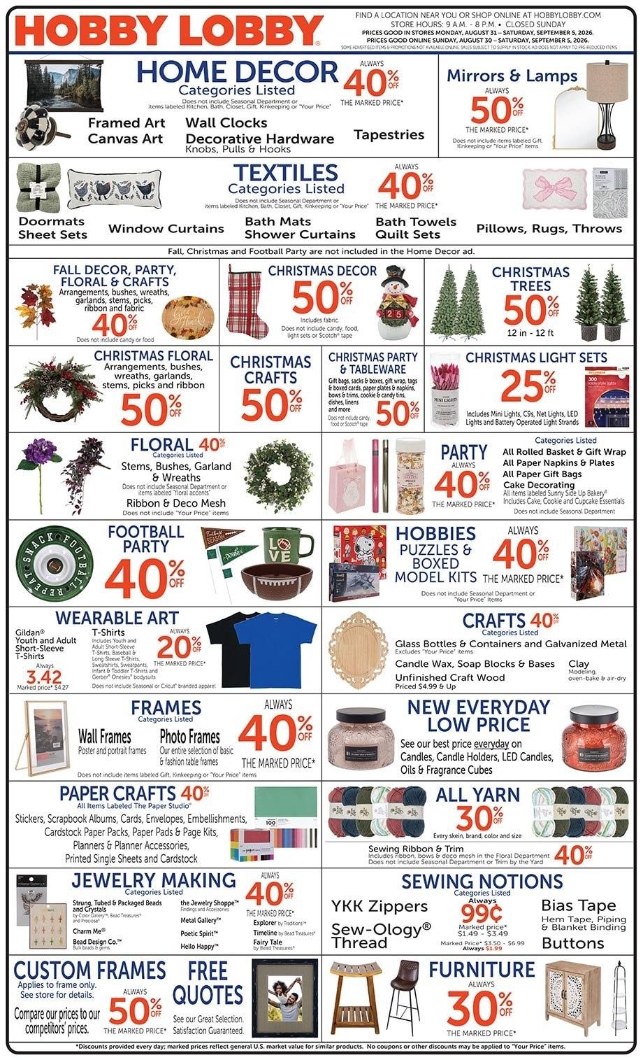 Hobby Lobby Weekly Ad August 30 - September 5, 2026