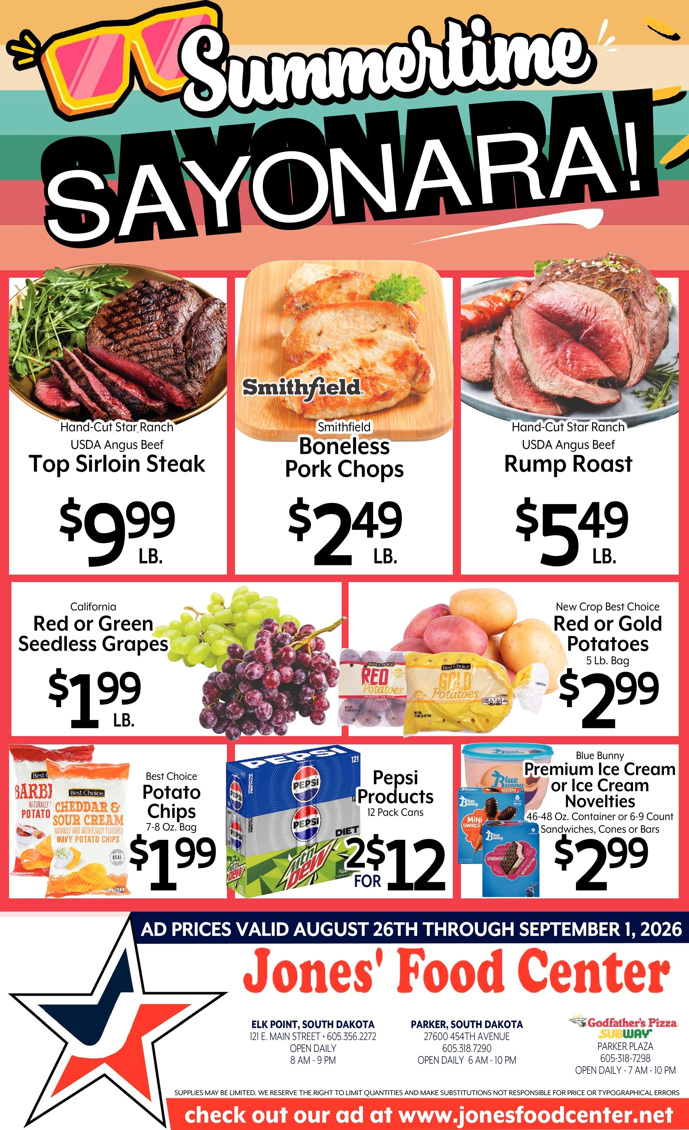 Jones' Food Center Summertime Sayonara! Weekly Ad August 26 - September 1, 2026