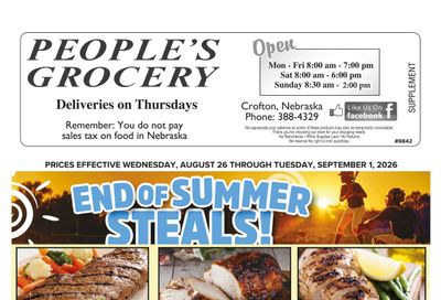 People's Grocery End of Summer Steals! Weekly Ad August 26 - September 1, 2026