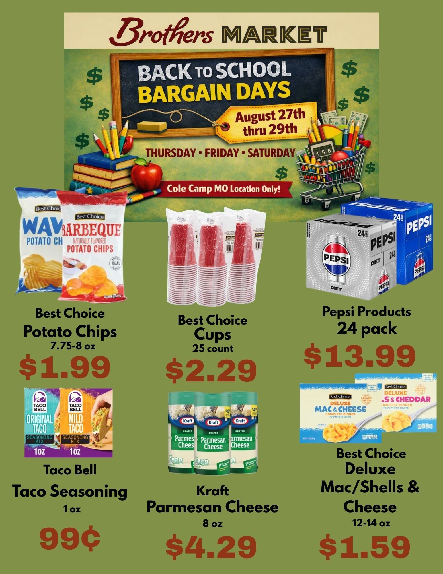 Brothers Market (302 Main Street, Cole Camp, MO) 3 Day Sale Weekly Ad August 27 - 29, 2026