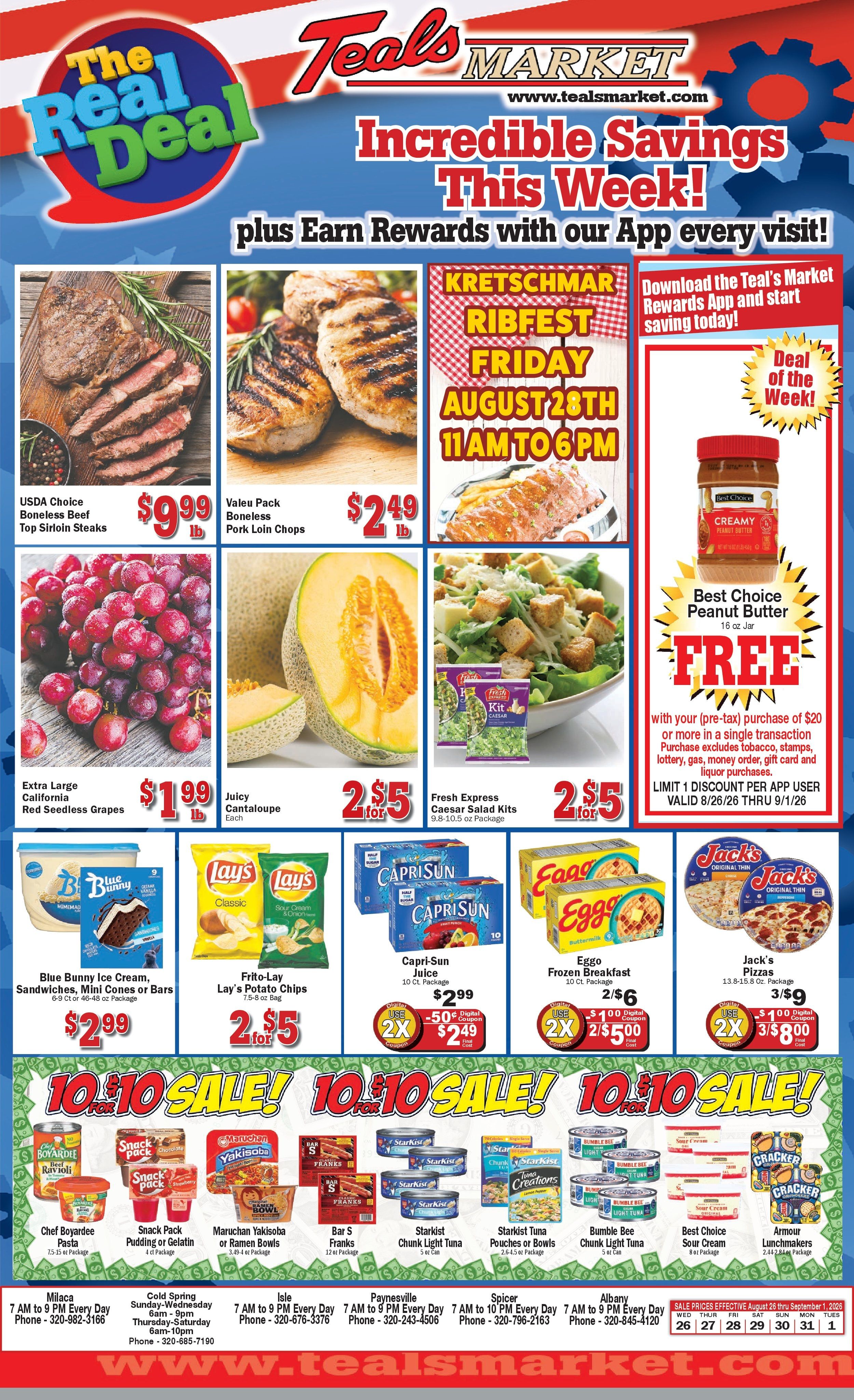 Teal's Market (Isle, Milaca and Paynesville, MN) Weekly Ad August 26 - September 1, 2026