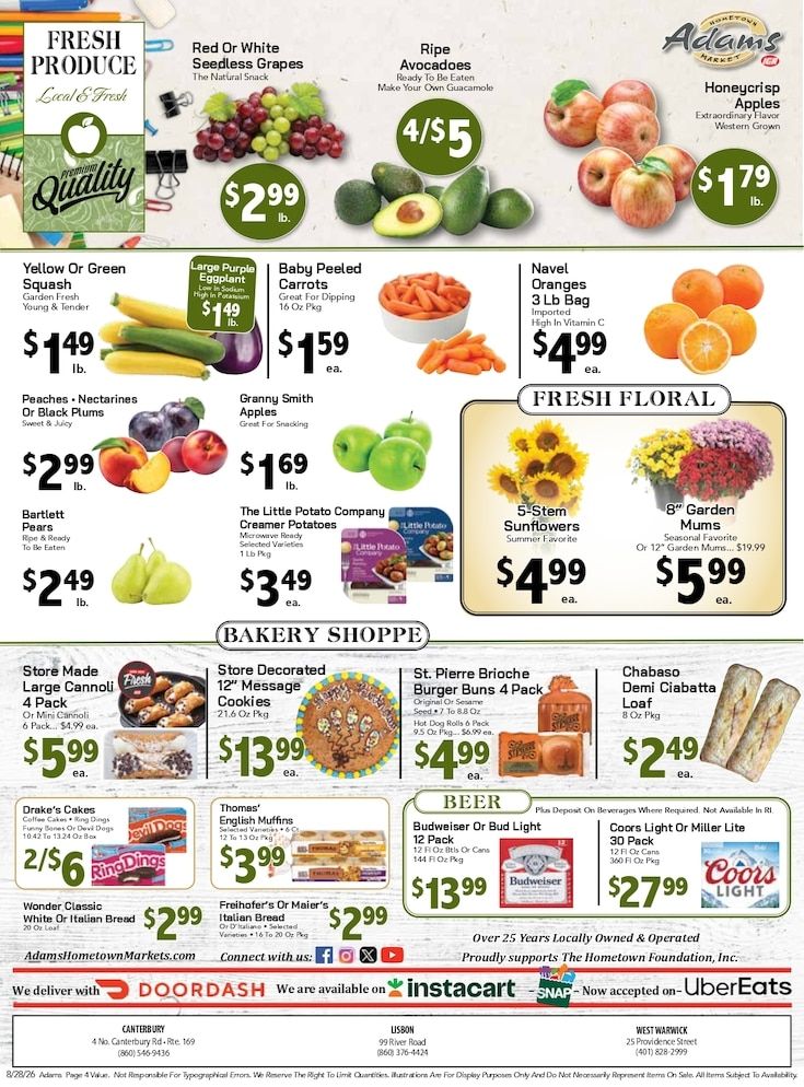 Adams Hometown Market (25 Providence Street, West Warwick, RI) Weekly Ad August 28 - September 3, 2026