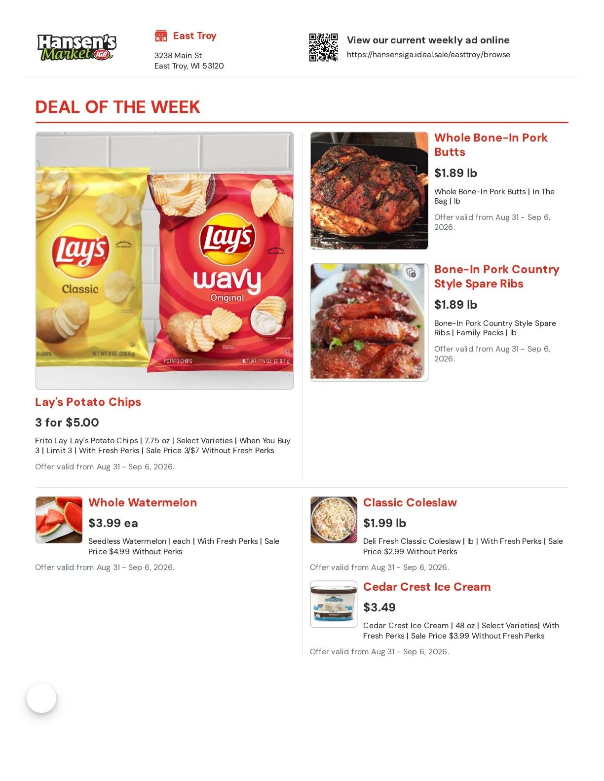 Hansen's IGA (East Troy, WI) Weekly Ad August 31 - September 6, 2026
