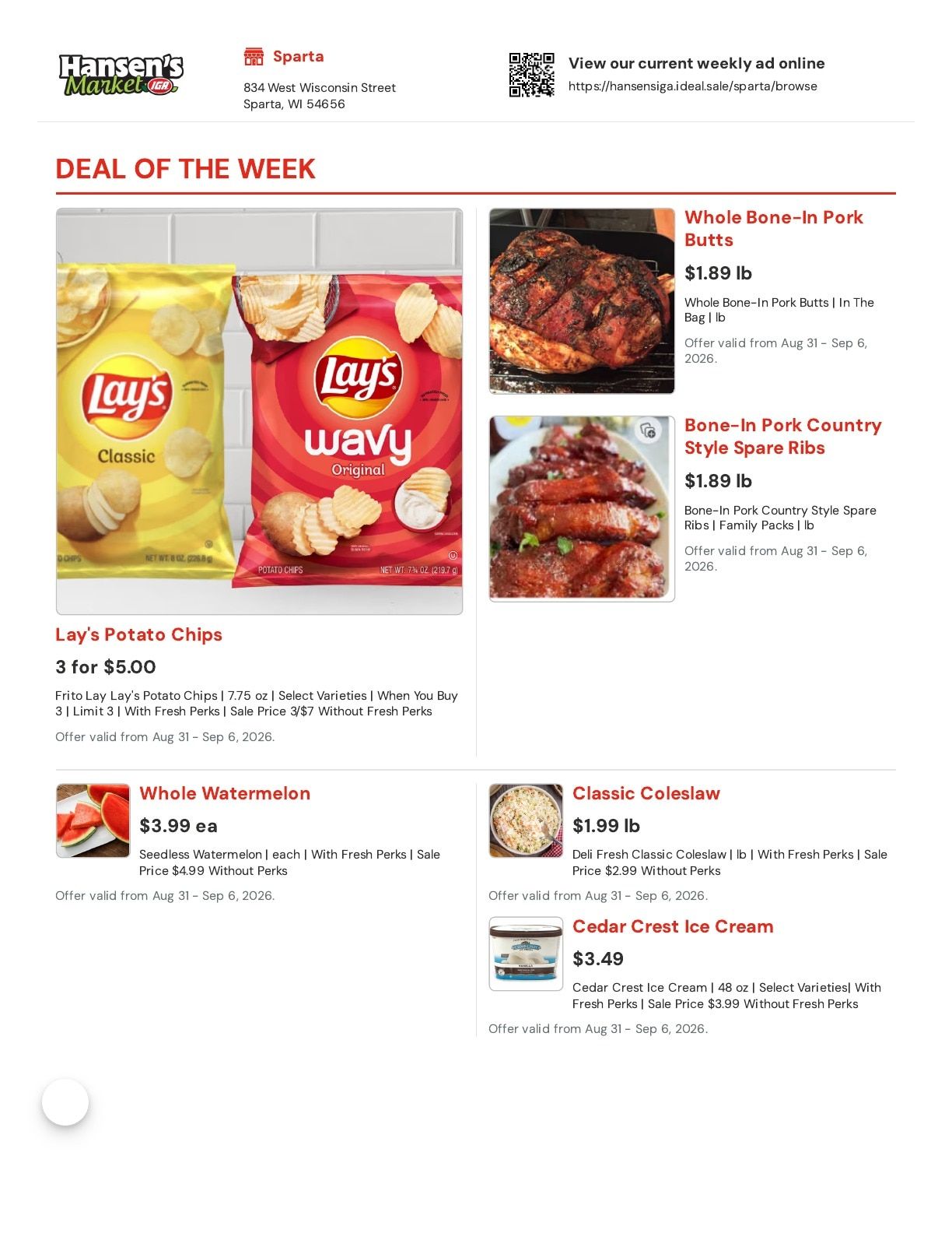 Hansen's IGA (Sparta, WI) Weekly Ad August 31 - September 6, 2026