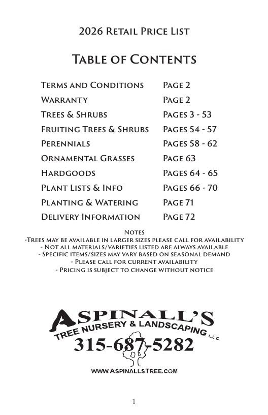 Aspinall's Tree Nursery Nursery Catalog Weekly Ad January 1 - December 31, 2026