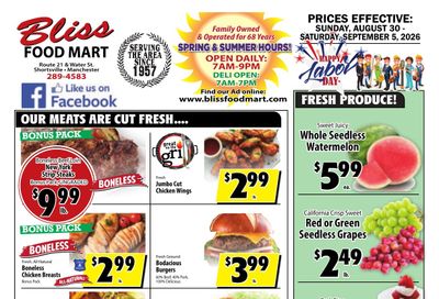 Bliss Shur Fine Food Mart Weekly Ad August 30 - September 5, 2026