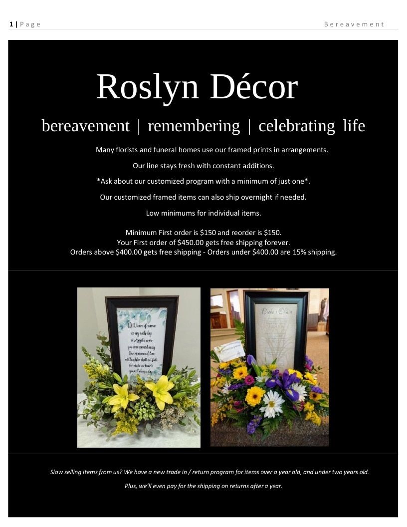 Roslyn Decor Bereavement Decor Catalog Weekly Ad January 1 - December 31, 2026