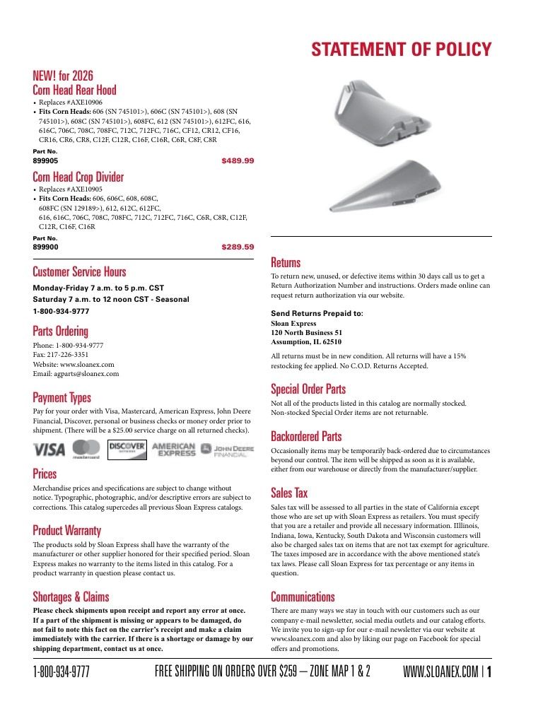 Sloan Express Agricultural Parts Catalog Weekly Ad January 1 - December 31, 2026