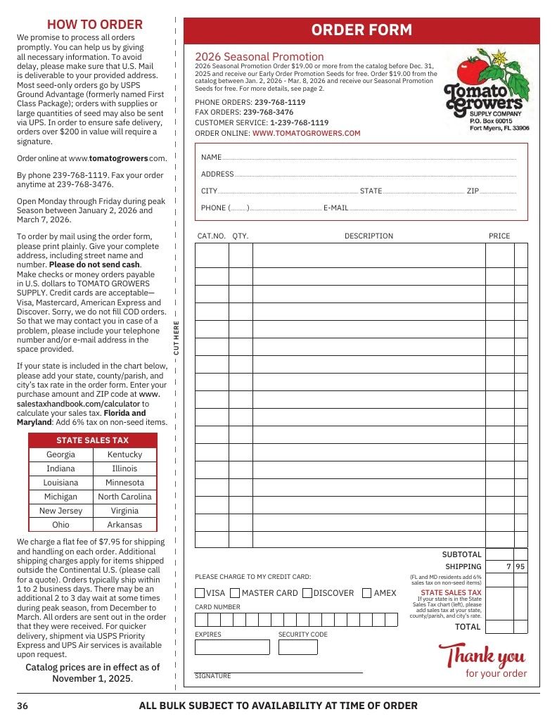 Tomato Growers Supply Company Seed Catalog Weekly Ad January 1 - December 31, 2026