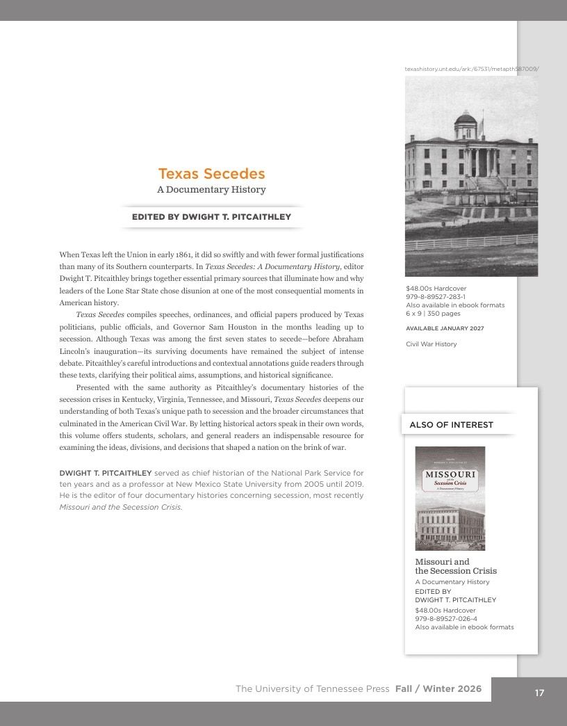 University of Tennessee Press Fall and Winter Books Catalog Weekly Ad January 1 - December 31, 2026