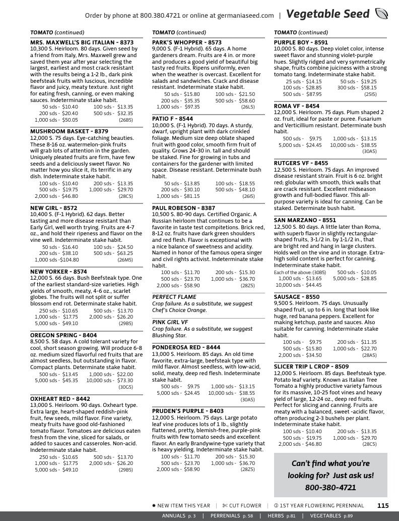 Germania Seed Company Seed Catalog Weekly Ad January 1 - December 31, 2026