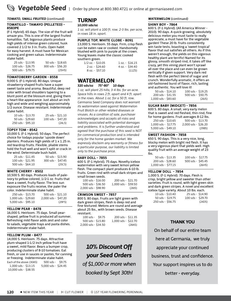 Germania Seed Company Seed Catalog Weekly Ad January 1 - December 31, 2026
