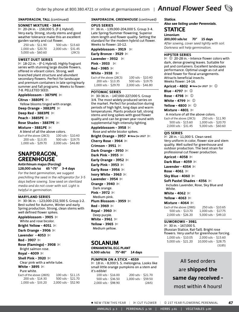 Germania Seed Company Seed Catalog Weekly Ad January 1 - December 31, 2026