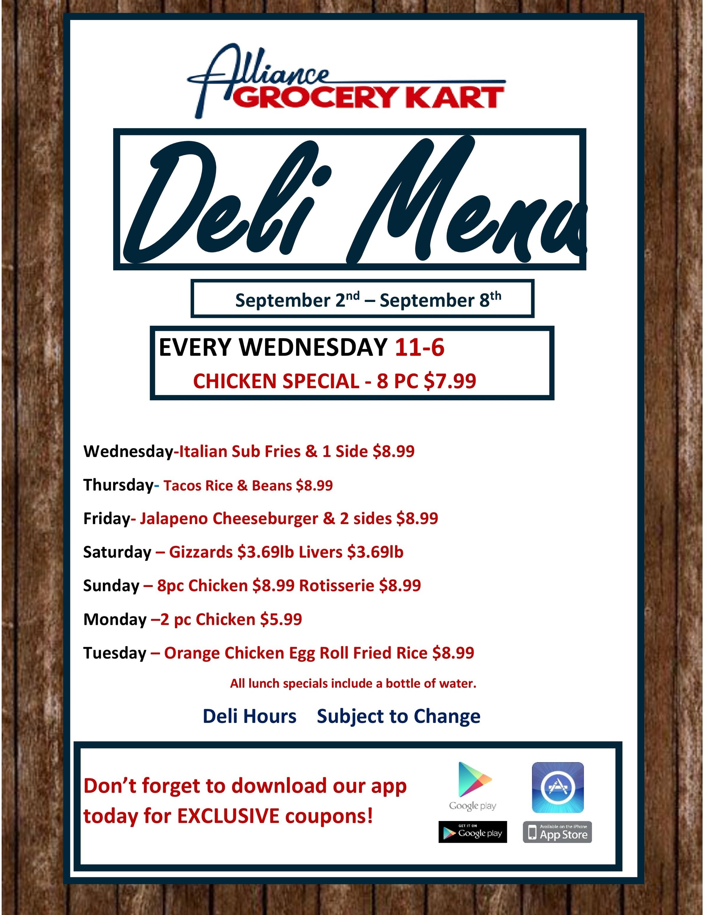Alliance Grocery Kart Deli Menu Weekly Ad September 2 - 8, 2026
