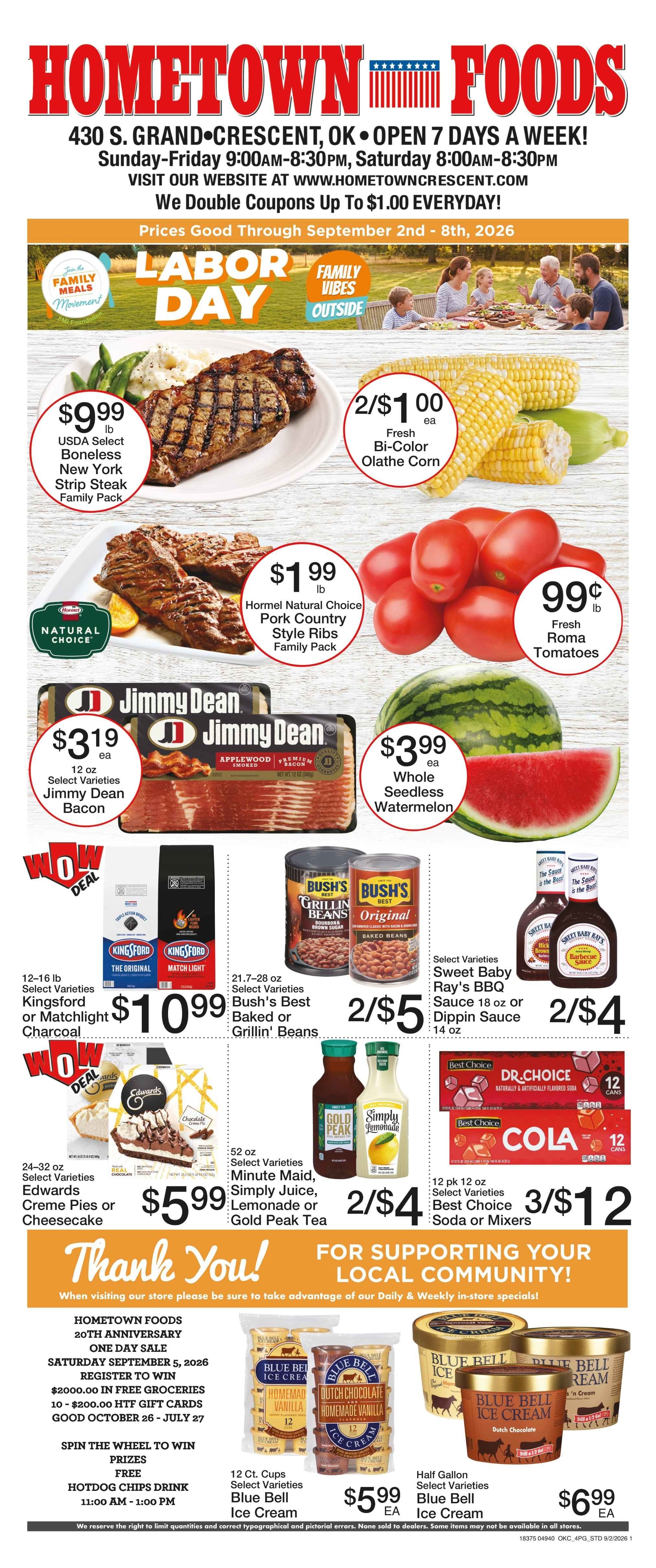 Hometown Foods Crescent 20th Anniversary Sale! Weekly Ad September 2 - 8, 2026