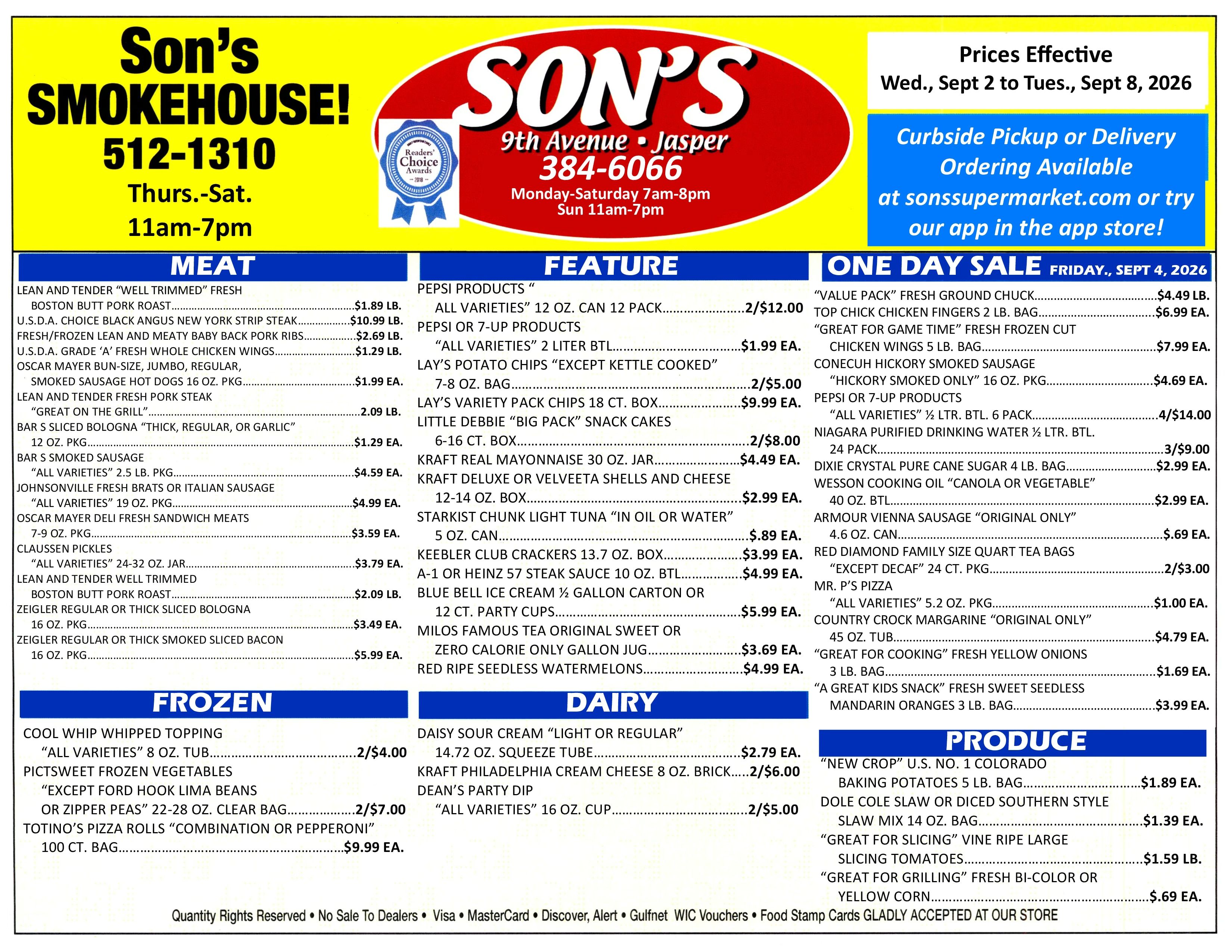 Son's Supermarket (400 9th Ave, Jasper, AL) Weekly Ad September 2 - 8, 2026