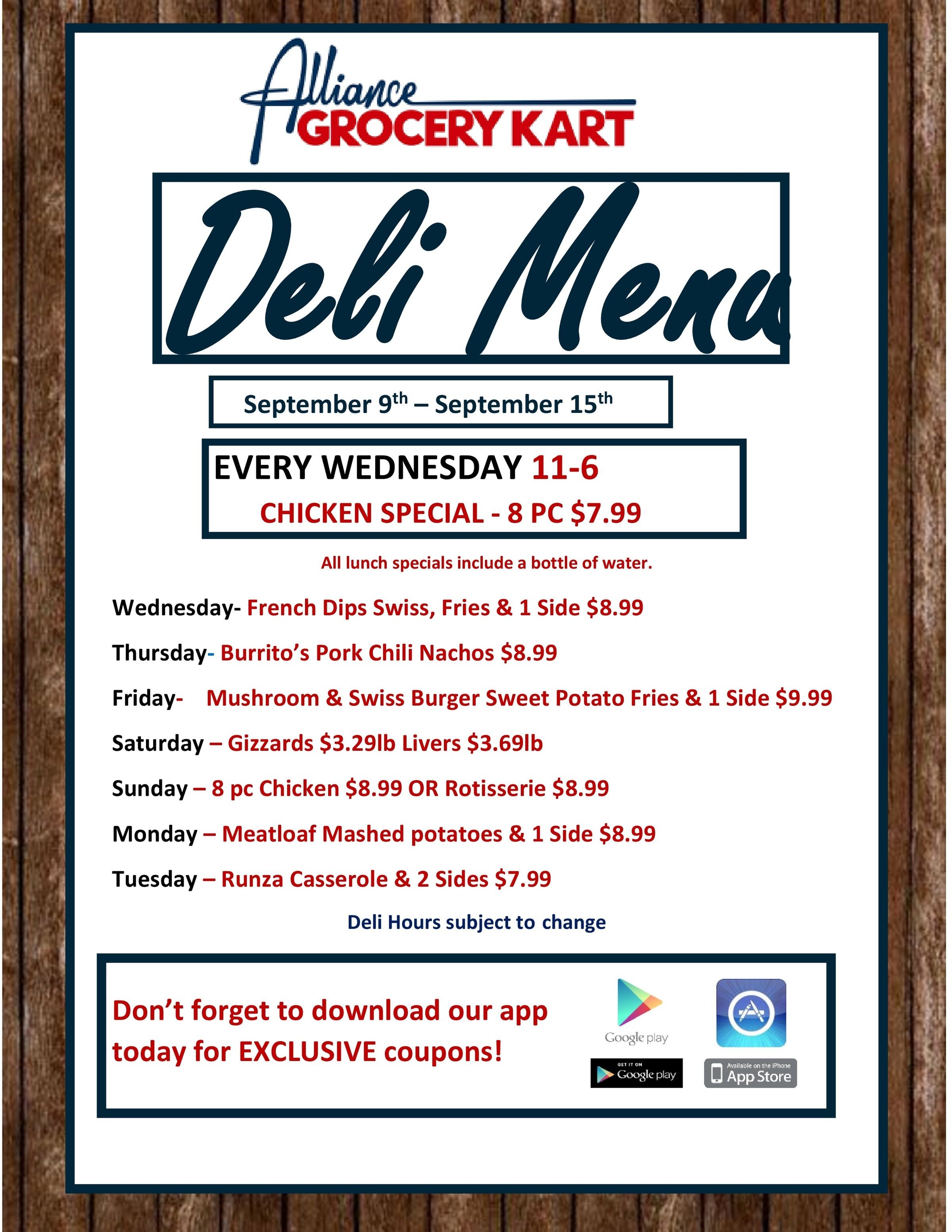Alliance Grocery Kart Deli Menu Weekly Ad September 9 - 15, 2026
