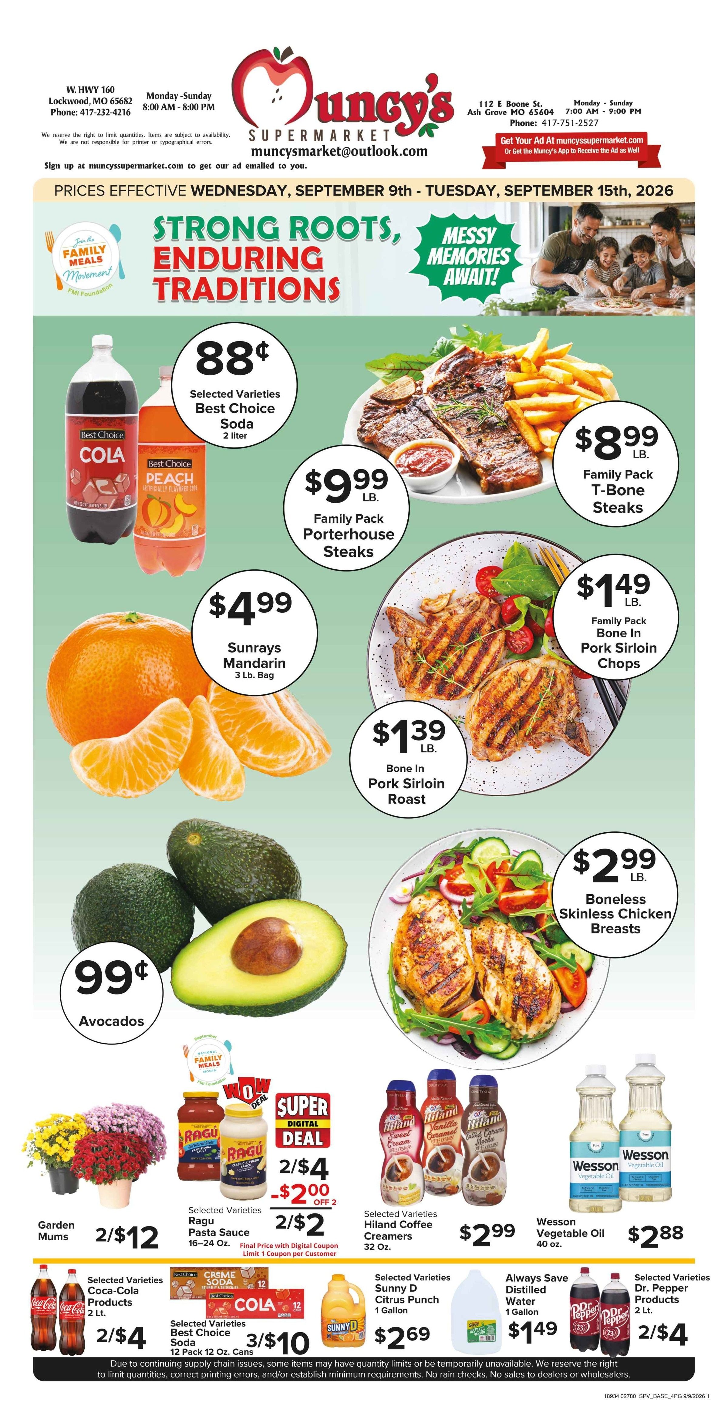 Muncy's Supermarket Strong Roots - Enduring Traditions! Family Meal Ideas Weekly Ad September 9 - 15, 2026