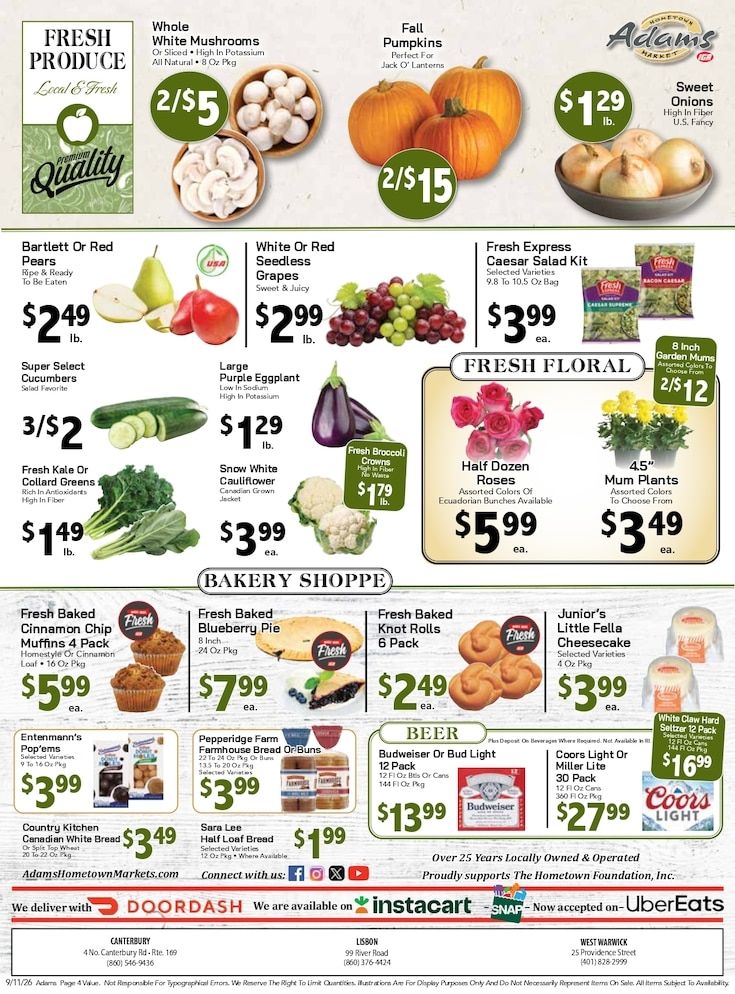 Adams Hometown Market (25 Providence Street, West Warwick, RI) Weekly Ad September 11 - 17, 2026