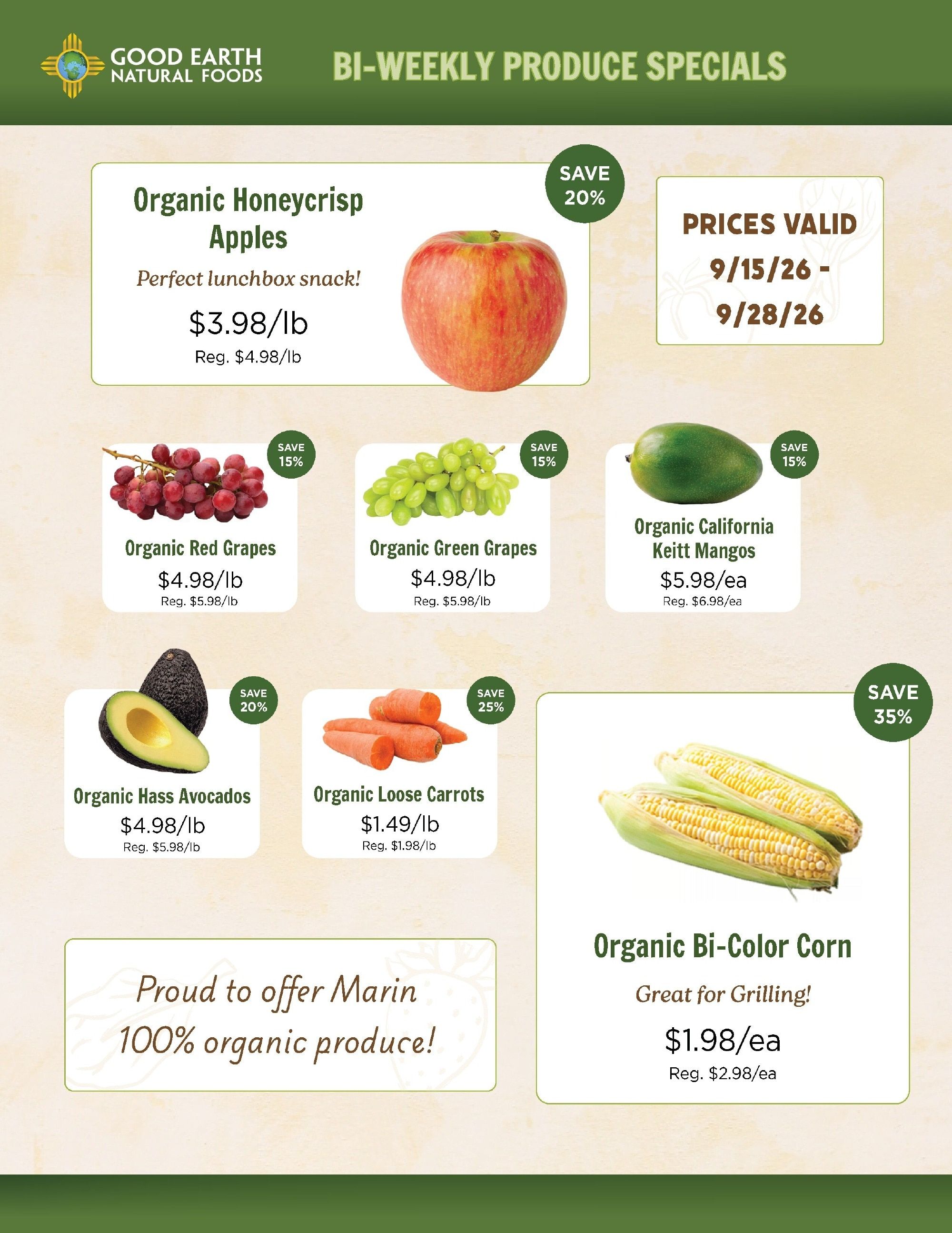Good Earth Natural Foods Produce Specials Weekly Ad September 15 - 28, 2026