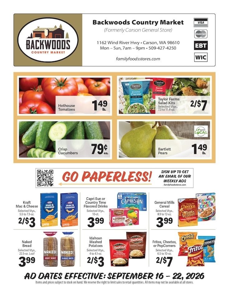 Backwoods Country Market Weekly Ad September 16 - 22, 2026